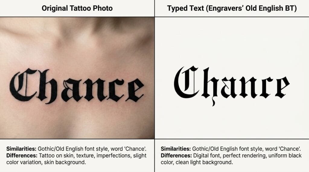 What font is used in Comatozze's 'Chance' tattoo?